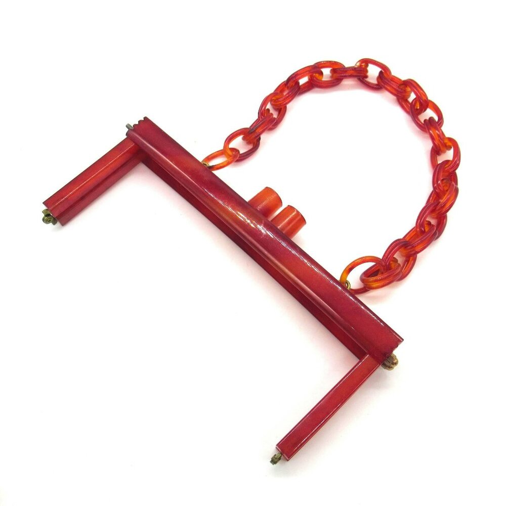 Vintage Chunky Lucite Purse Frame Linked Chain Handle Vermilion